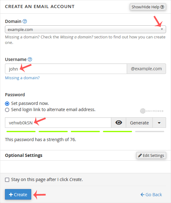 Email account creation form