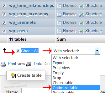Optimise tables in phpMyAdmin