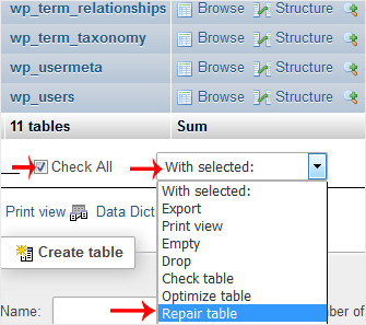 Repair tables in phpMyAdmin