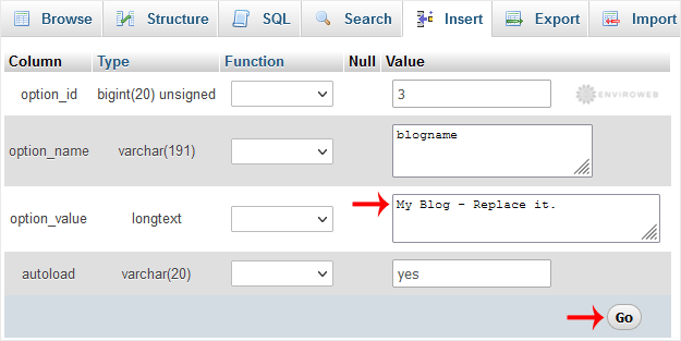 Change SQL value in phpMyAdmin